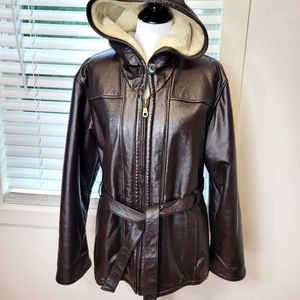 Wilson brown hoodie leather jacket belted faux fur lined coat